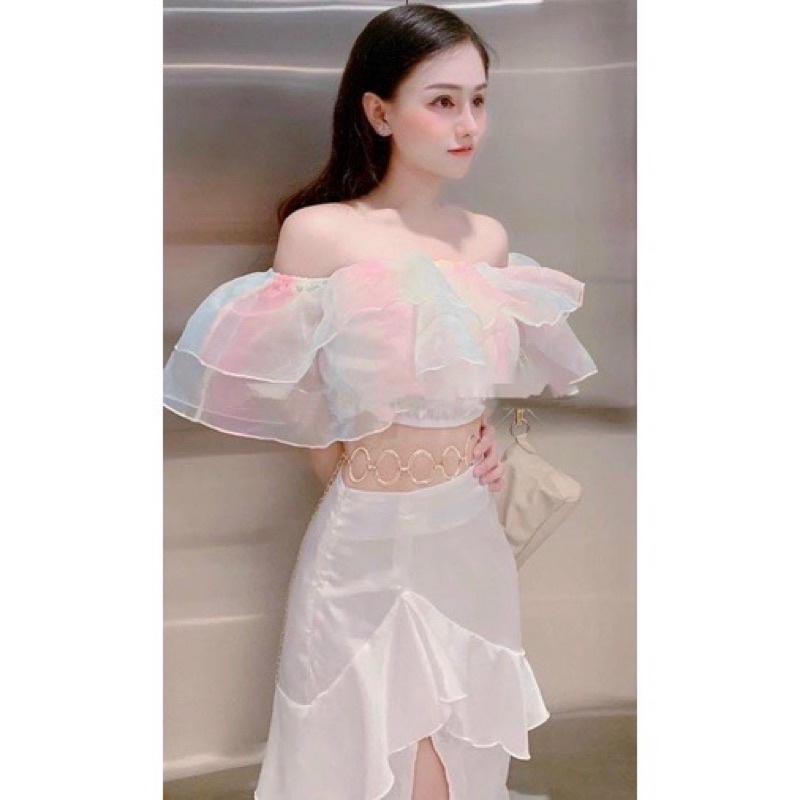 Áo bảy màu đi biển bẹt vai dáng ngắn