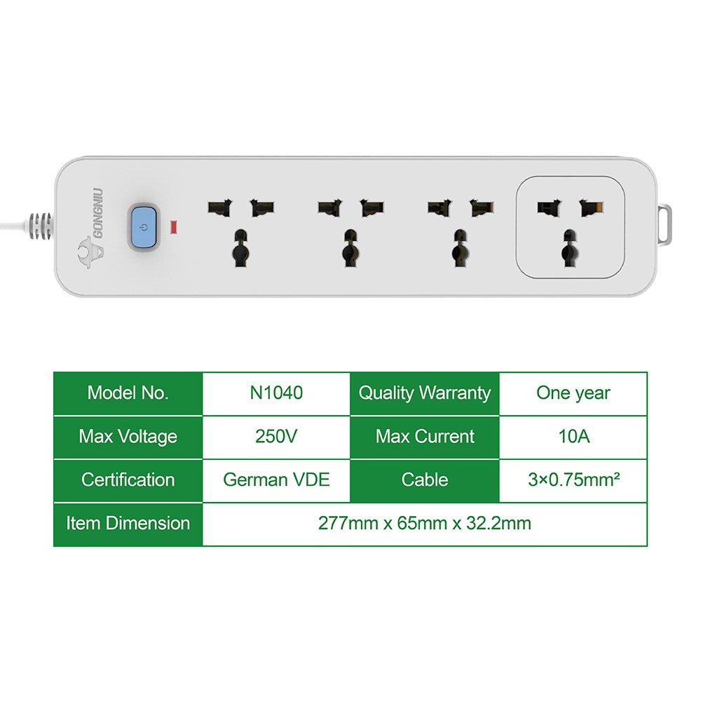 Ổ Cắm Điện Gongniu 4 Ổ Đa Năng 1 Công Tắc – Công Suất 10A/250/2500W – Trắng – Chính Hãng (N1040)