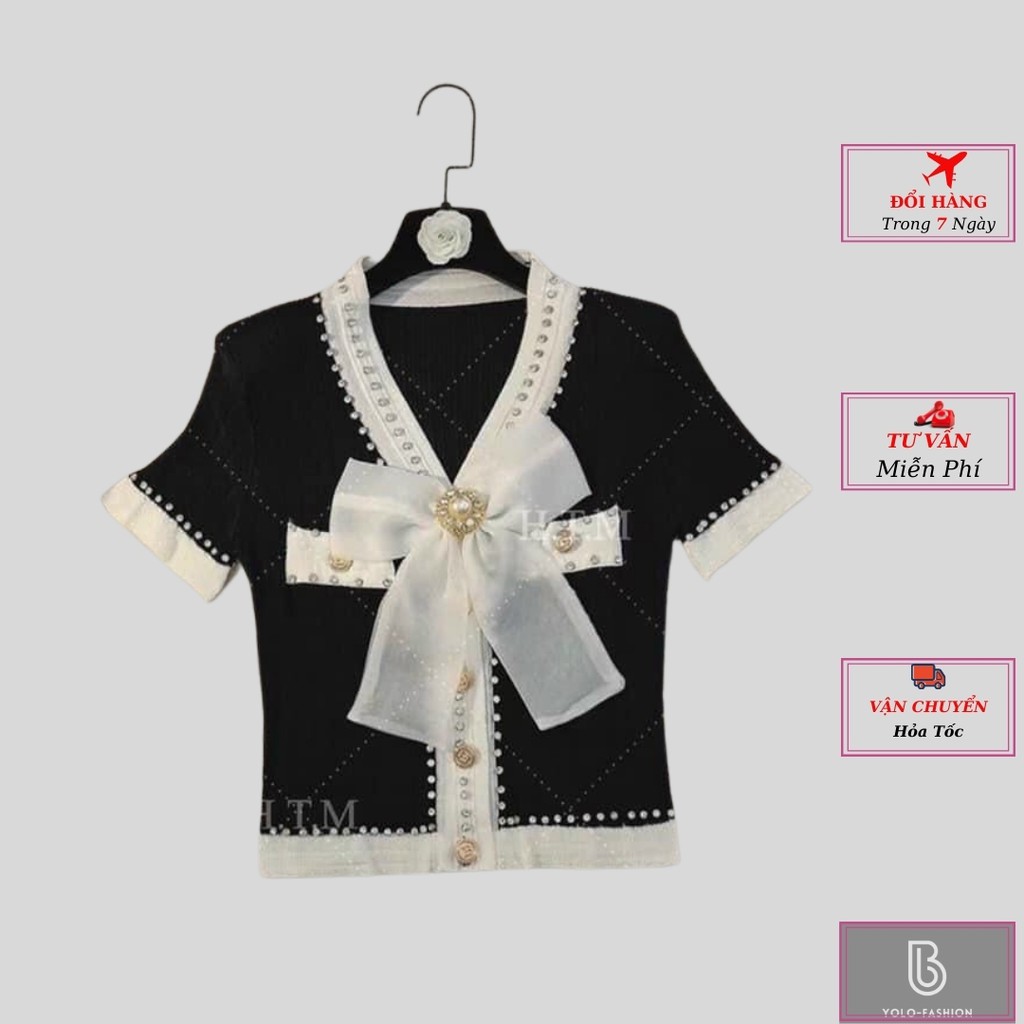 Áo cardigan len tay ngắn cổ nơ đính hạt cao cấp kiểu dáng ulzzang Hàn Quốc thời trang nữ yolo fashion