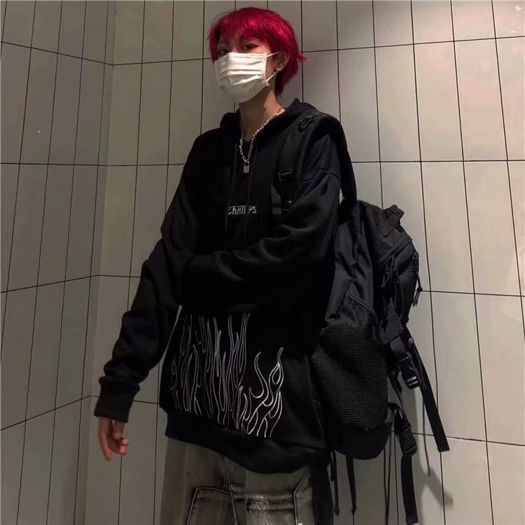 Áo hoodie nhung dáng rộng in hình ngọn lửa phong cách Harajuku Hàn Quốc cổ điển mùa thu đông ấm áp cỡ lớn M-5XL