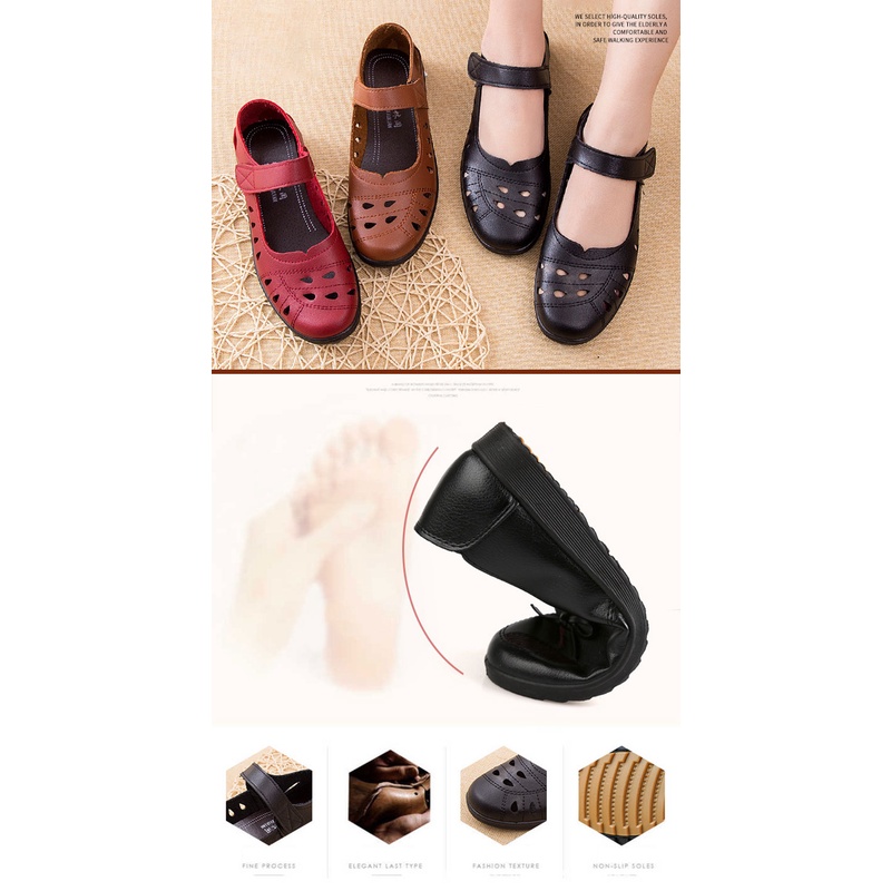 RENBEN Giày da Renben đế cao su mềm thoáng khí chống trượt có quai đeo mắt cá chân cho nữ