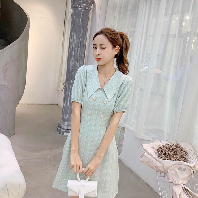 Đầm váy công sở kẻ ô đính cúc, đầm tay lỡ ,đầm ôm eo công sở, đi dạo, đầm dự tiệc