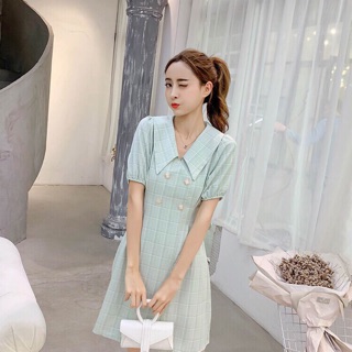 Đầm váy công sở kẻ ô đính cúc, đầm tay lỡ ,đầm ôm eo công sở, đi dạo, đầm dự tiệc