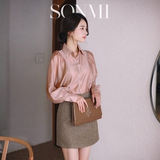 Áo Sơ Mi Nữ Tay Dài Phồng Màu Nâu Chocolate SONMI Hàn Quốc Thiết Kế Cao Cấp OSCAR SHIRT