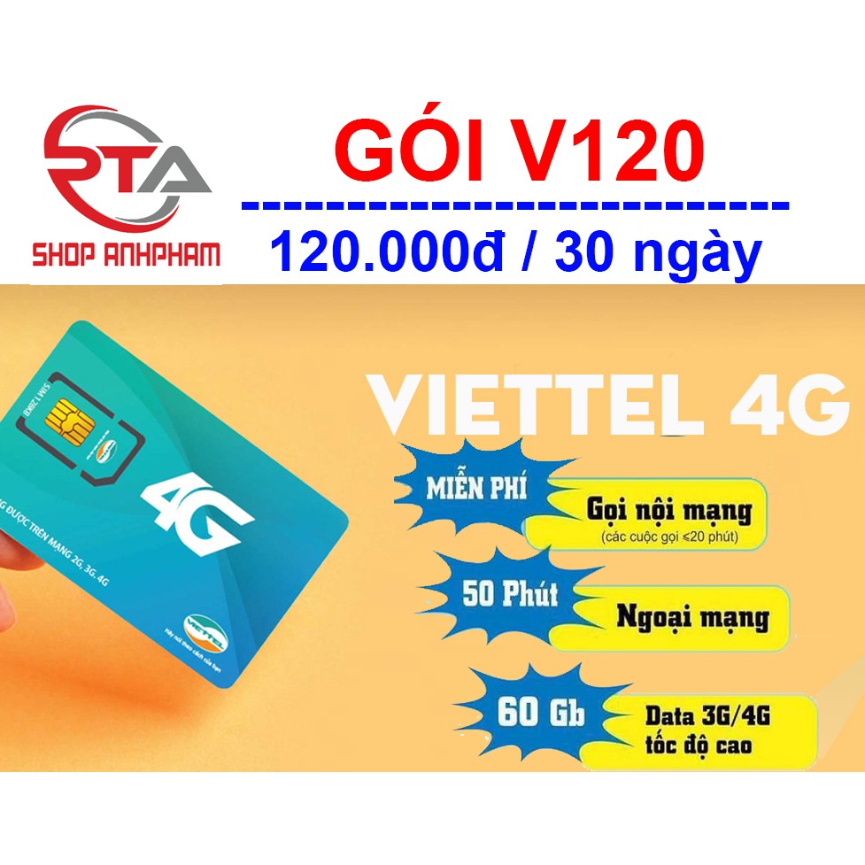 Sim 4G Viettel gói cước V120 (2Gb/ngày - 60Gb/tháng)