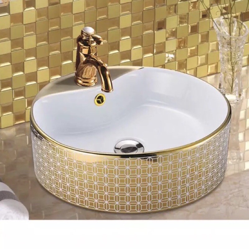 Chậu rửa mặt lavabo đặt bàn hoa văn mạ vàng sứ đẹp Dototonline Dntl 09