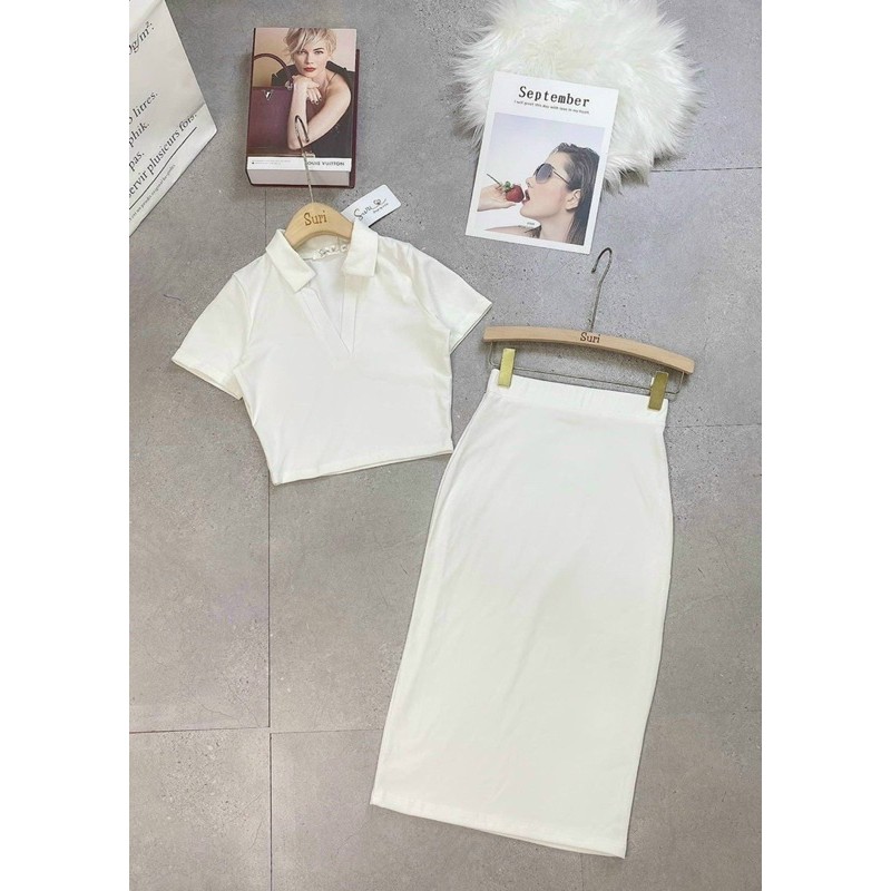 Sét bộ áo croptop cổ bẻ trơn phối chân váy dài cực xinh , chất thun bozip mềm mịn
