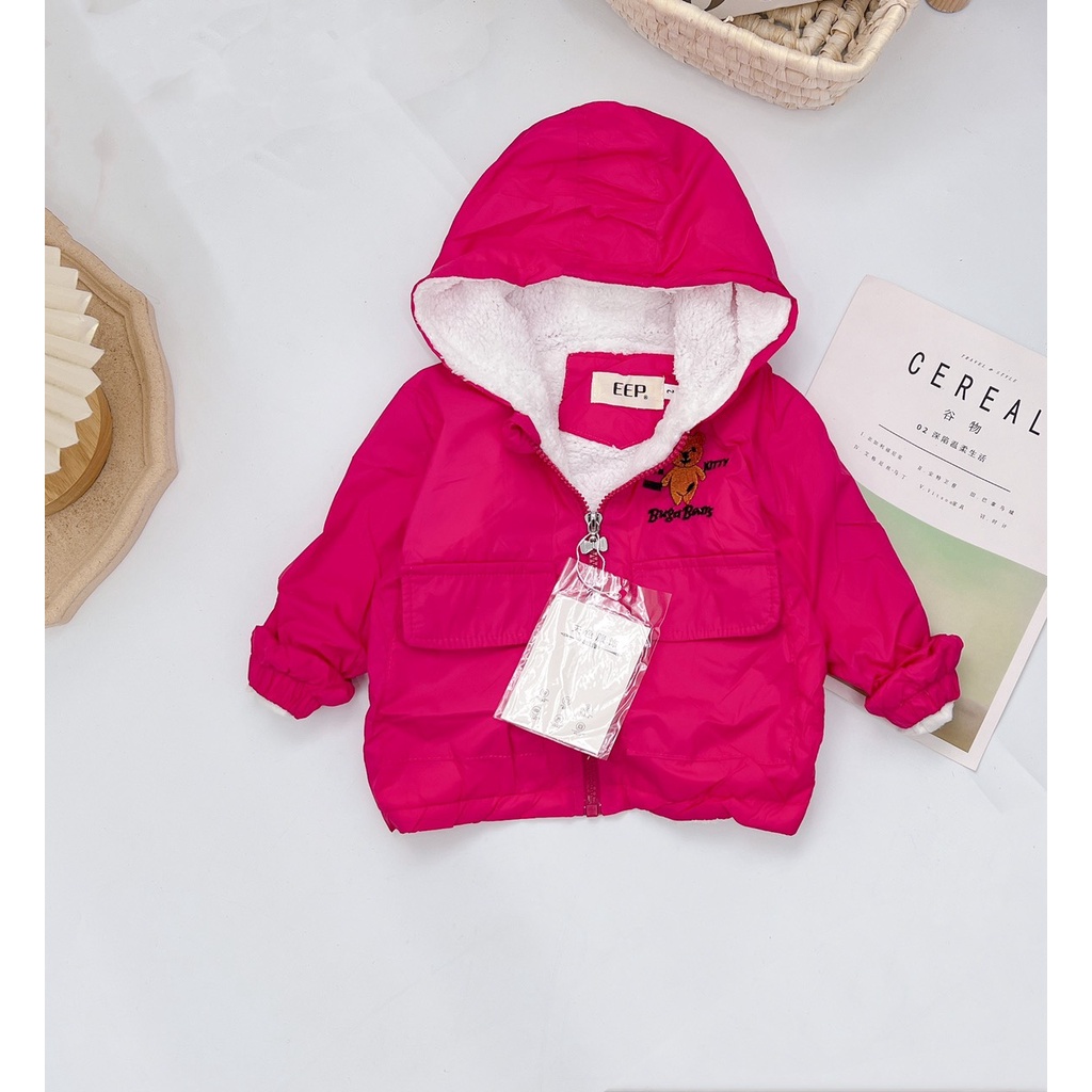 Áo khoác mùa đông, áo khoác lót lông thêu gấu BUGA BEAR túi thật cho bé trai, bé gái