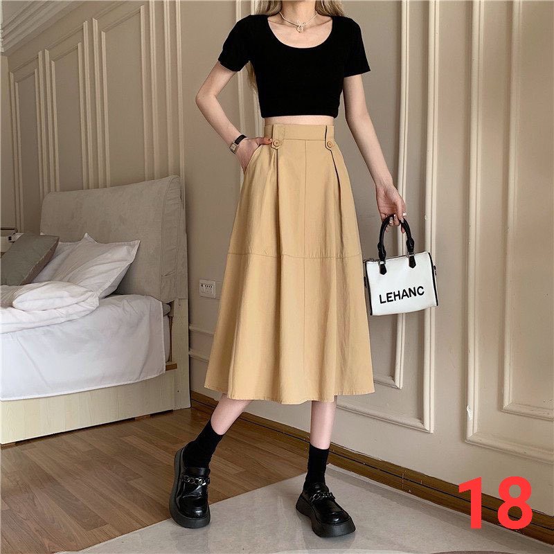 Chân váy Ulzzang dáng dài, chân váy midi form xoè xếp ly eo bản to đính nút kiểu mẫu mới nhất