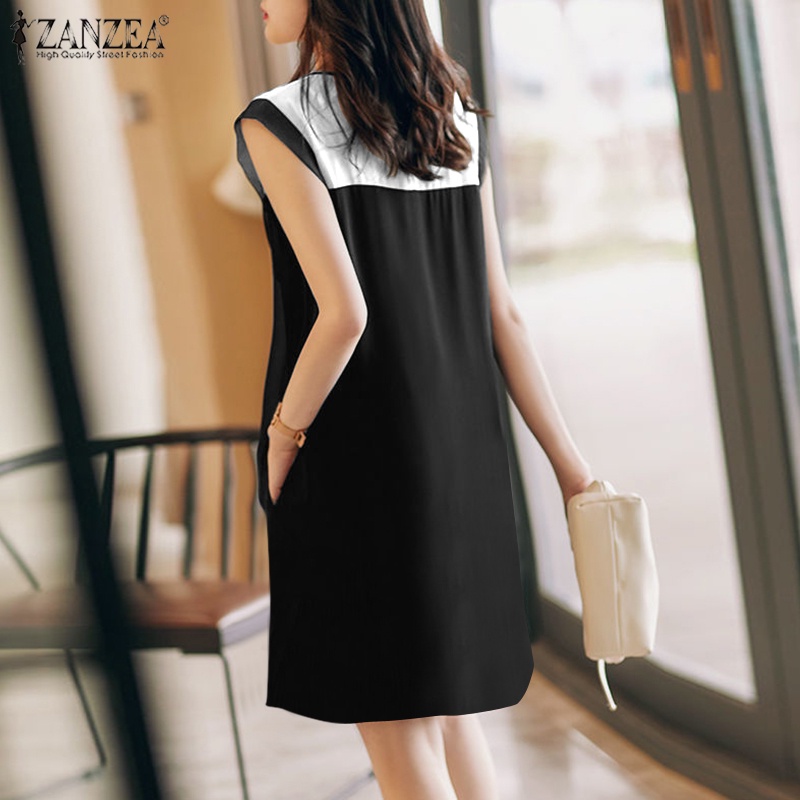 Đầm Mini Không Tay Cổ Tròn Màu Tương Phản Thời Trang Hàn Quốc Cho Nữ ZANZEA
