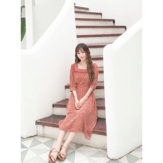 Váy hoa nhí/ đầm hoa nhí voan cổ vuông đỏ ORDER - kèm ảnh thật