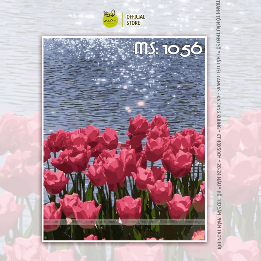 Tranh tô màu theo số Madoca có khung 40x50cm hoa tulip hồng bên hồ lấp lánh T1056