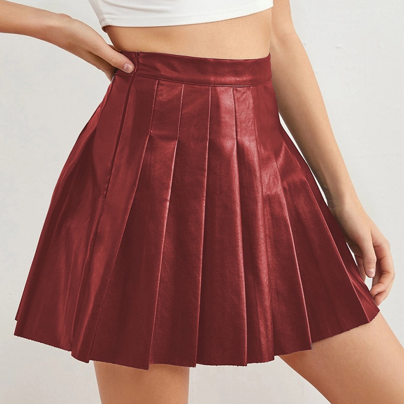 Chân váy IELGY bằng da PU dáng ngắn cạp cao xếp ly thời trang mùa hè cho nữ