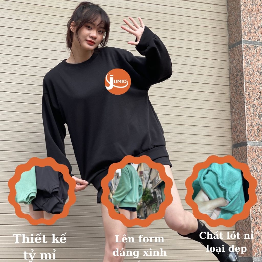 Áo Sweater nữ form rộng dáng dài phong cách Hàn Quốc, Áo phông dài tay lót nỉ chất dày dặn 2 màu đen xanh Freesize JUMIO | BigBuy360 - bigbuy360.vn