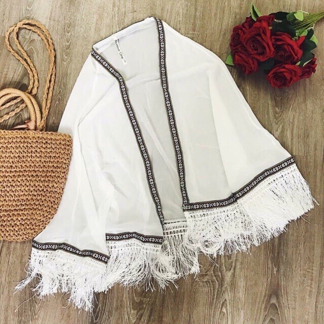 Áo Khoác Kimono Tua Rua Viền Thổ Cẩm, Áo Choàng Cardigan Voan Đi Biển Hai Màu - OK010