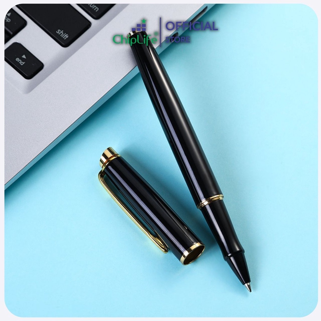Bút kim loại nắp CHIPLIFE khắc tên P026 - ngòi 0.5mm đen viền vàng Pemall mực xanh