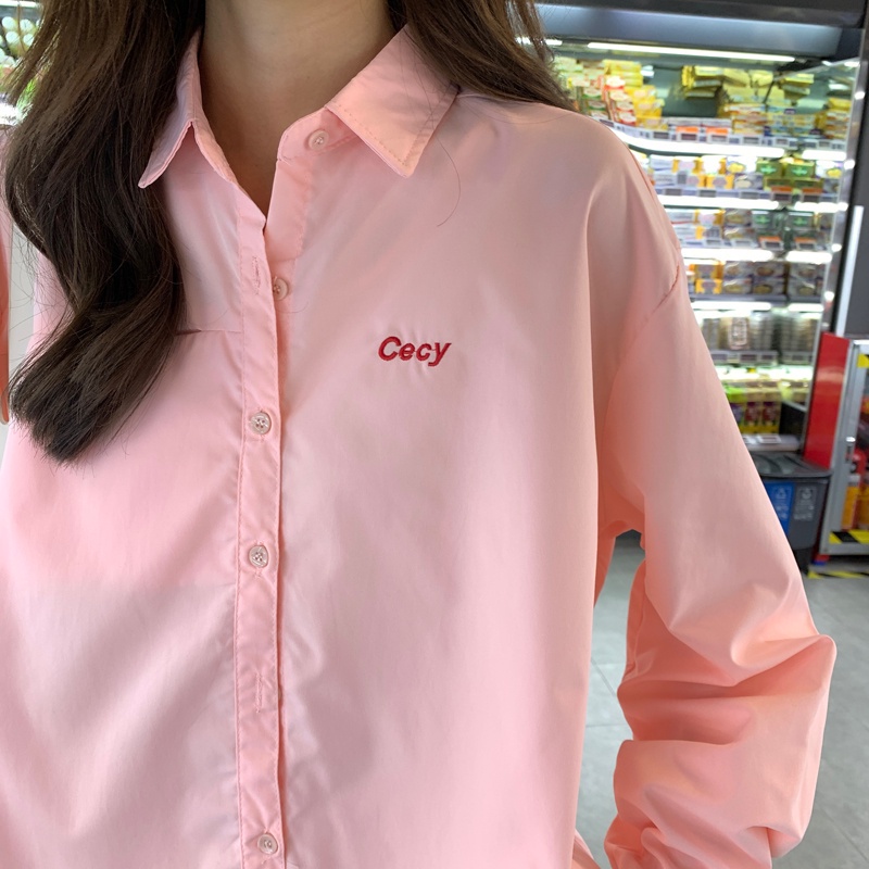 SUXI Áo sơ mi nữ tay dài dáng rộng thêu chữ phong cách Hàn Quốc