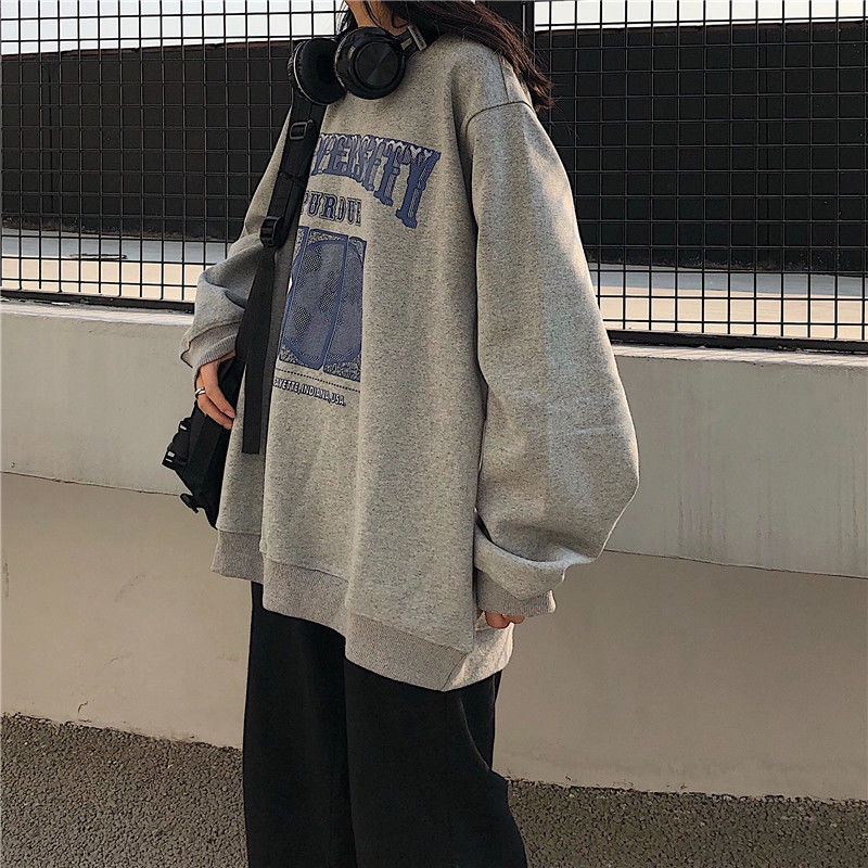 Áo Hoodie Mỏng Tay Dài Cổ Tròn Dáng Rộng Phong Cách Harajuku Thời Trang Hàn Quốc 2019 Cho Nữ