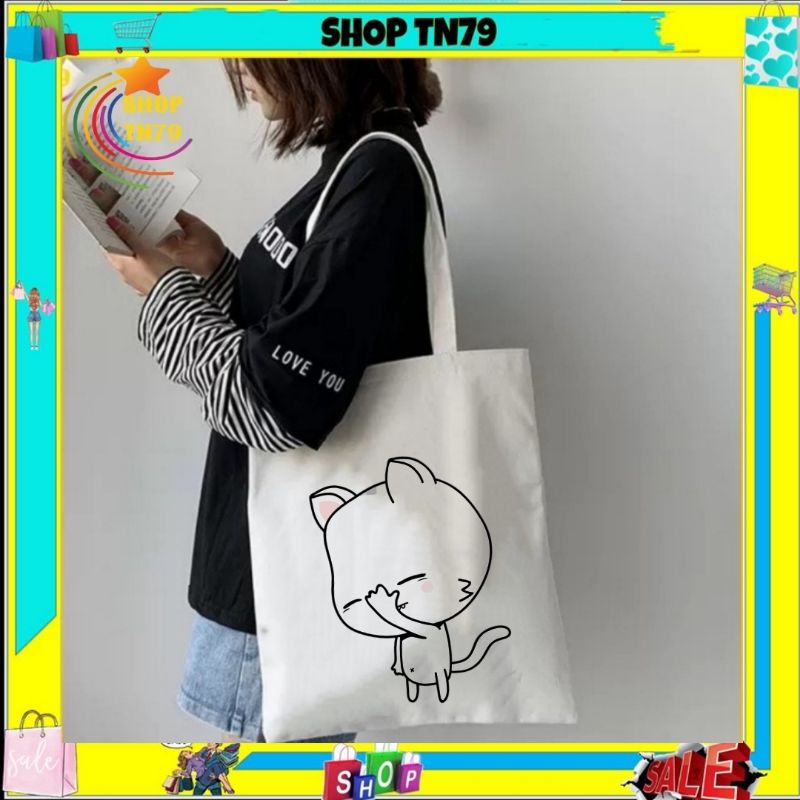 Túi tote vải đeo chéo canvas size to giá rẻ phong cách Hàn Quốc đi học đi chơi đều đẹp MÈO -T03