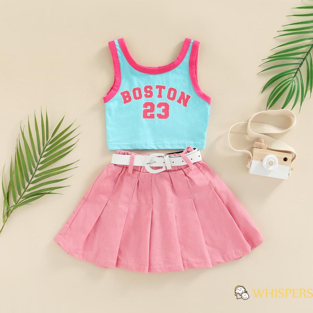 WHISPERS-Toddler Girls Set Letter Print Sleeveless Tank Tops + Solid Color Pleated Skirts + Waist Belt Summer