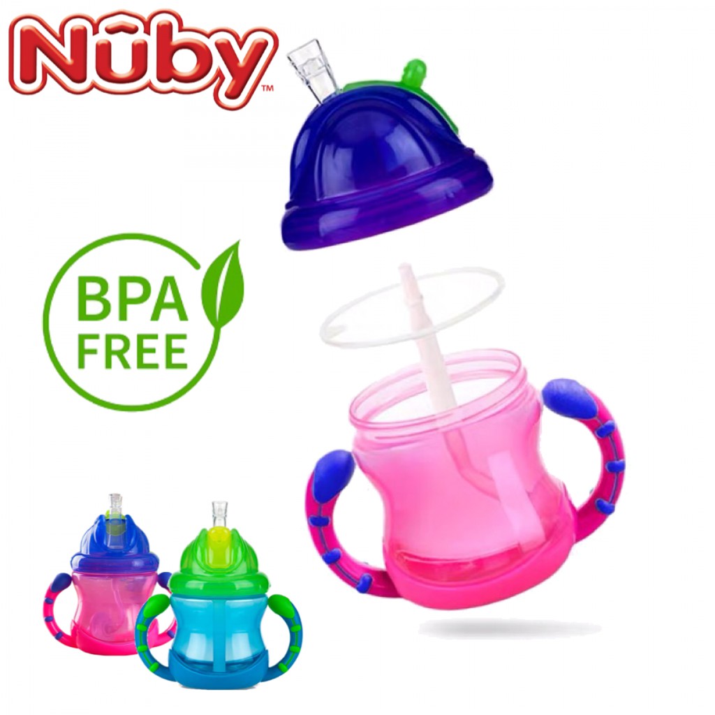 [HÀNG CHÍNH HÃNG] Bình uống nước có ống hút silicone Nuby 360 độ 240ml, có tay cầm cho bé chất liệu nhựa PP cao cấp