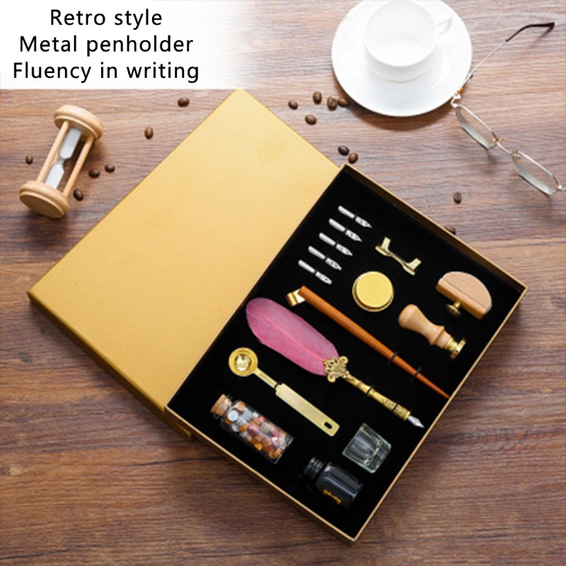 Hộp Đựng Bút Thư Pháp Hình Lông Vũ Cổ Điển Kèm Ngòi Sáp Và Giá Đỡ Con Dấu Niêm Phong Dành Cho Trường Học