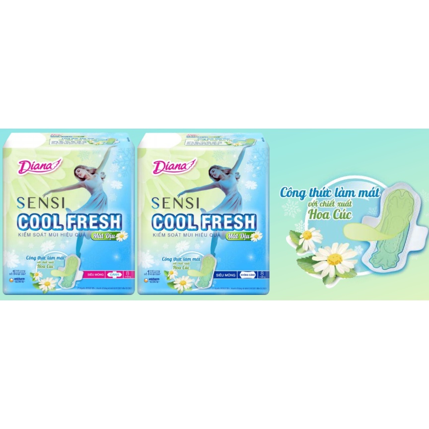 Mới ra mắt - Combo 6 gói BVS Diana Sensi Cool Fresh Mát Dịu Siêu Mỏng Có Cánh và Không Cánh 8 miếng/gói