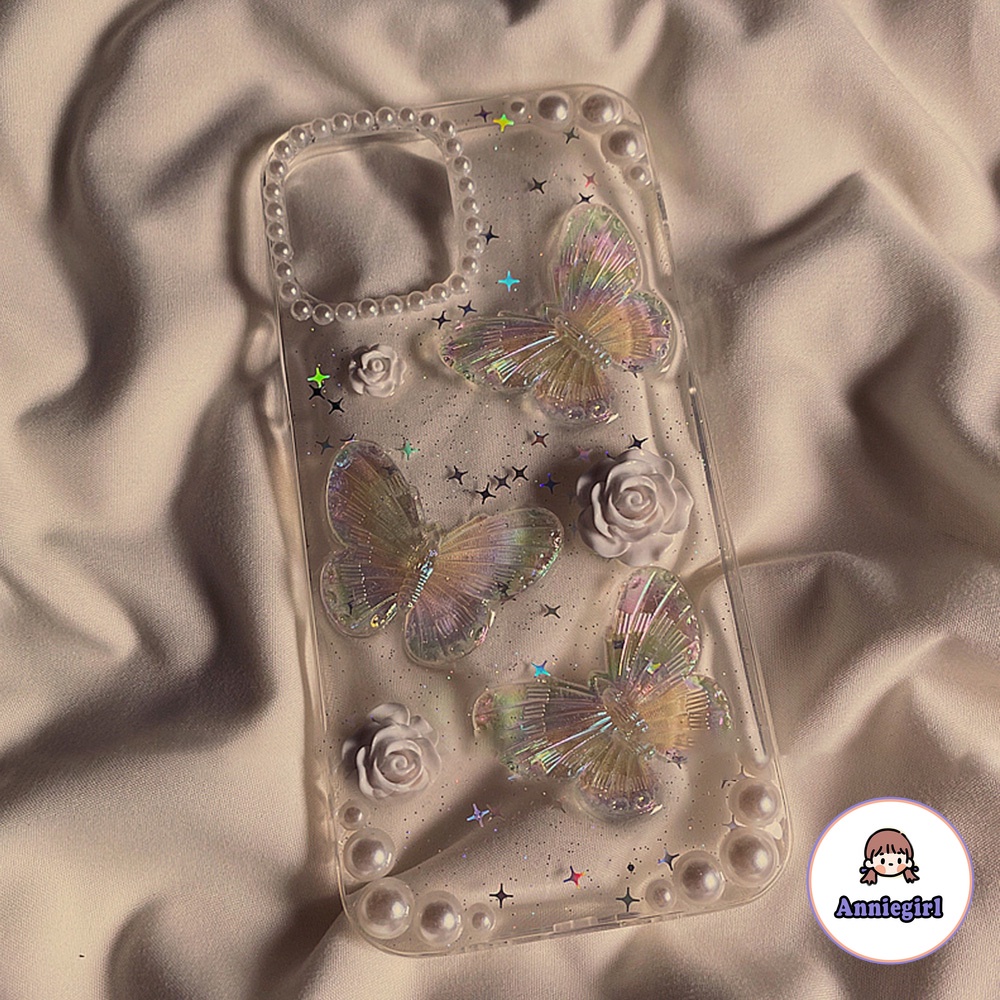 Ốp Điện Thoại TPU Dẻo Siêu Mỏng Họa Tiết Bươm Bướm Đính Ngọc Trai Lấp Lánh Cho iPhone 14 13 12 Pro 11proMax Xr Xs Max 8 7plus