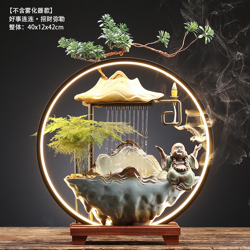 Thác nước, thác khói trầm hương phong thủy , có đài phun nước tự động kèm đèn LED cao cấp Phật di lặc