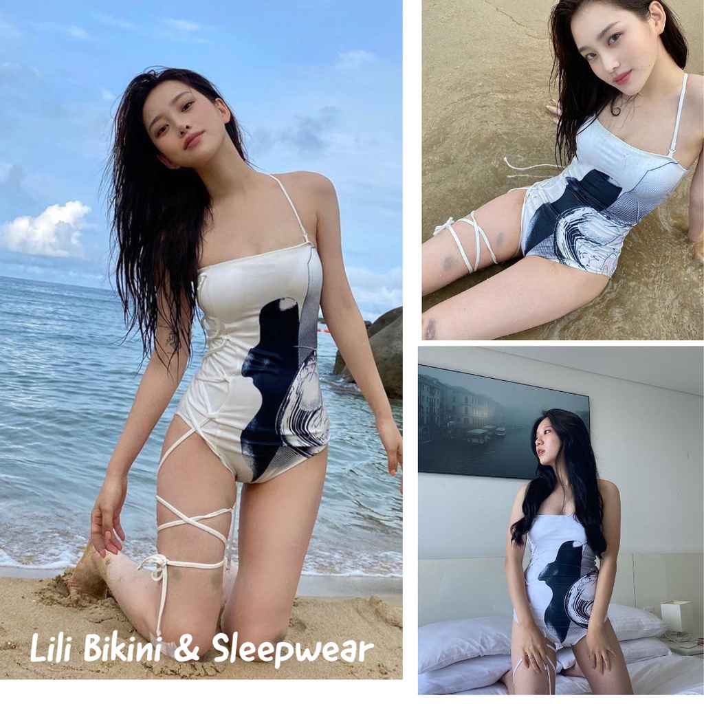 (Mẫu mới 2023) Bikini một mảnh thời trang hè Hàn Quốc cột dây eo siêu cá tính màu trắng đen hoạ tiết lạ