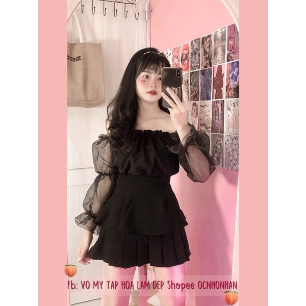 Set áo bẹt vai tay voan phối chân váy tầng xoè