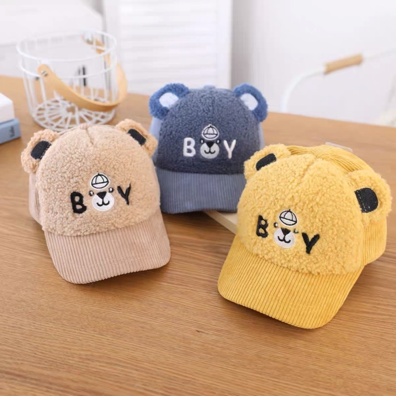 Mũ len lưỡi trai lông xù quả bông cho bé trai bé gái thêu các hình dễ thương , phù hợp 5 tháng - 4 tuổi