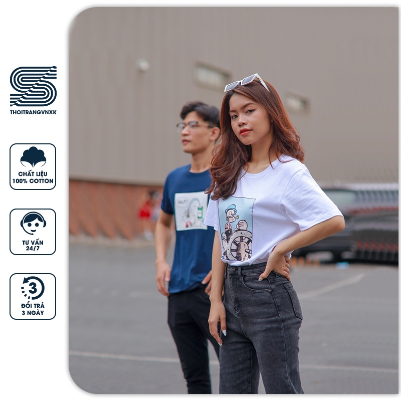 Áo thun nam nữ basic, áo phông unisex tay lỡ cổ tròn in hình popeye, năng động Sonvnxk - APZR201