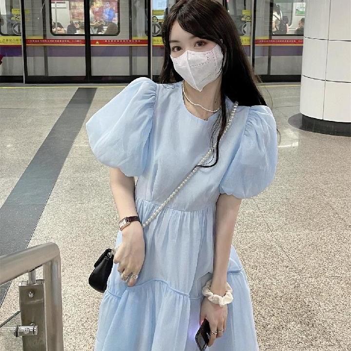 Váy babydoll Keyan Đầm Tay Phồng Màu Xanh Dương Ngọt Ngào Phong Cách Pháp Thời Trang Mùa Hè Cho Nữ