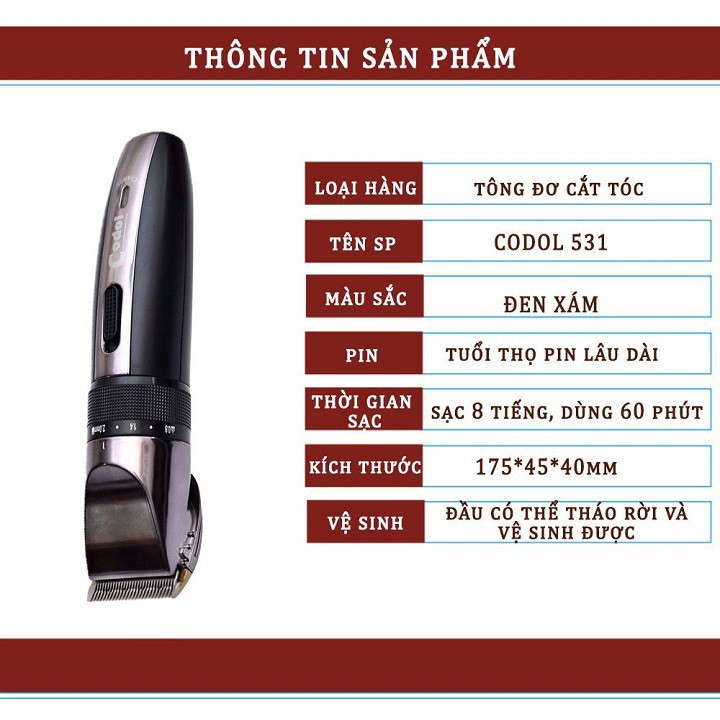 Tông đơ cắt tóc chuyên nghiệp không dây Hàn Quốc Codol 531