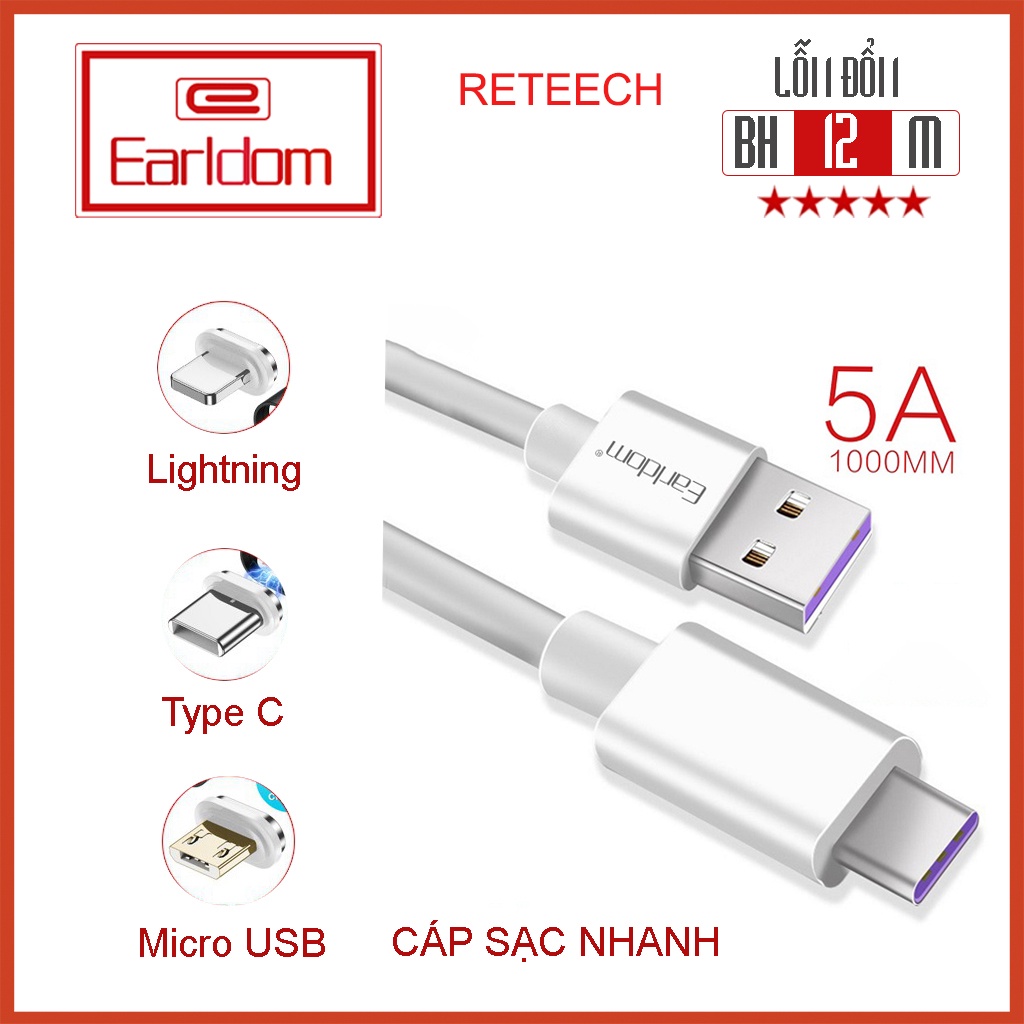 Cáp Sạc Nhanh 5A EARLDOM PowerLine 1M  Đầu Micro Usb, Type C, Lightning Cho Điện Thoại Iphone, Samsung, Xiaomi - EC-080