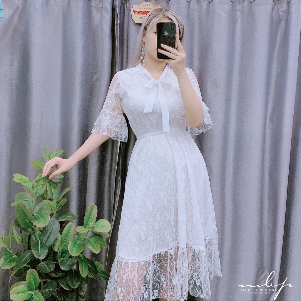 Đầm midi ren xoắn vai bèo