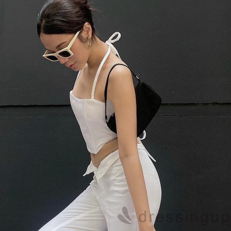 DRE-Women Summer Halterneck Tops,Slim Fit Solid Color Sleeveless Bandage Backless Crop Tops