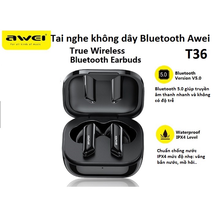 Tai Nghe Bluetooth không dây Awei T36 TWS. Nghe nhạc liên tục 5 giờ