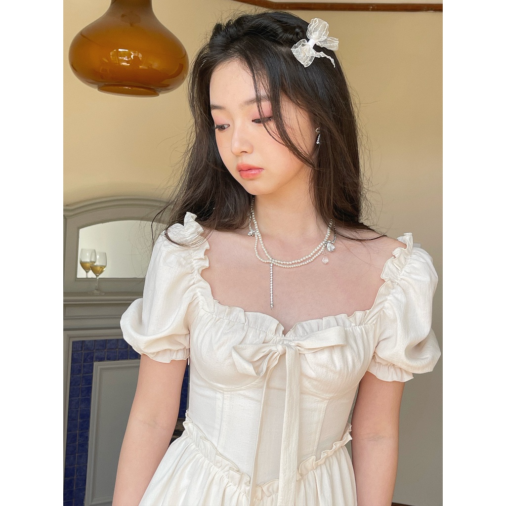 Đầm ngắn ZHELIHANGFEI tay phồng phối nơ xinh xắn thời trang