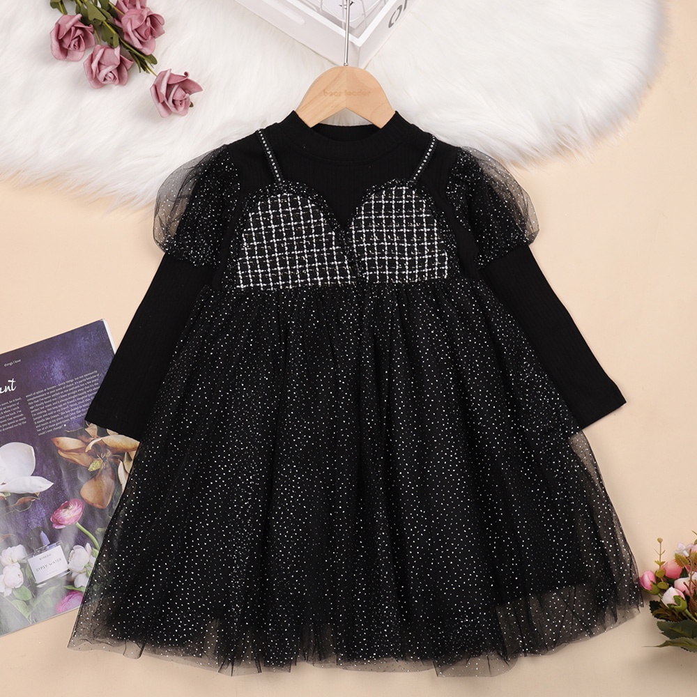 BEAR LEADER Đầm Lưới Tay Dài Giả Hai Mảnh Thời Trang Thu Đông Dành Cho Bé Gái 3-7 Tuổi