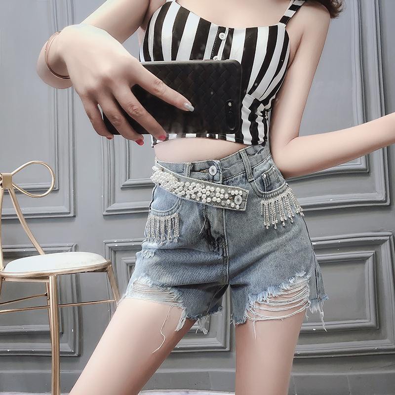 Korean Style Denim Shorts Pants Hyuna Same Style Shorts Simple Fashion Jeans High Waist Diamond Heavy Industry Tassel Denim Hot Pants Tide