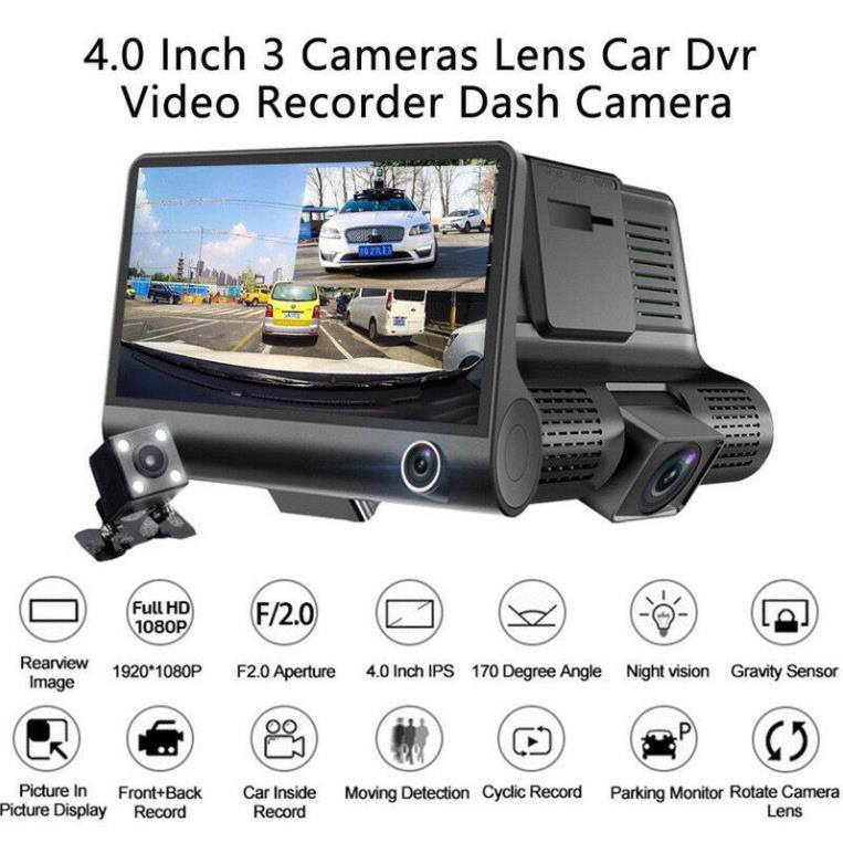 [Rẻ nhất] Camera hành trình ô tô 3 mắt camera, màn hình 4 inh full HD, ghi hình đa chiều, có chế độ ghi đè