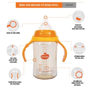 Bình sữa PPSU Cổ rộng Wesser 260ml