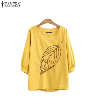 Áo kiểu ZANZEA dáng rộng tay áo 3/4 cổ chữ O thêu họa tiết chiếc lá cho nữ