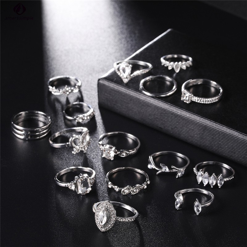 Set 15 nhẫn hợp kim đính đá phong cách Bohemian