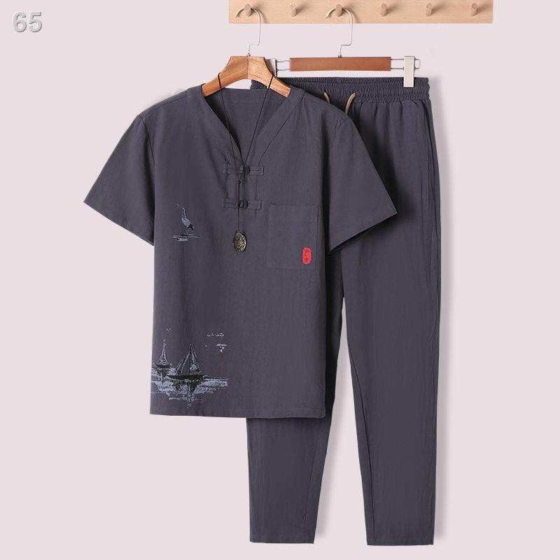 Bộ đồ cotton và vải lanh cho người trung niên cao tuổi mùa hè của bố ngắn tay quần áo ông nội rộng rãiM