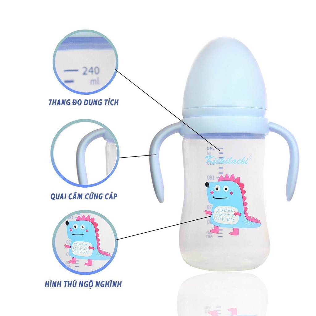 Bình Sữa Cổ rộng Kichi, Bình sữa cho bé nhựa PP 160ml/ 240ml/300ml ( Có quai cầm )