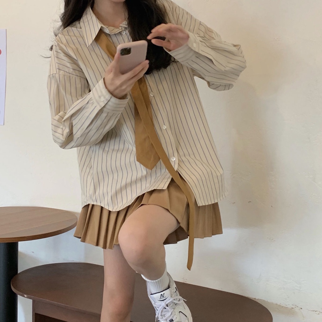 Set Áo Sơ Mi Kẻ Sọc Và Chân Váy Xếp Ly Thời Trang Xuân Hè Trẻ Trung Cho Nữ