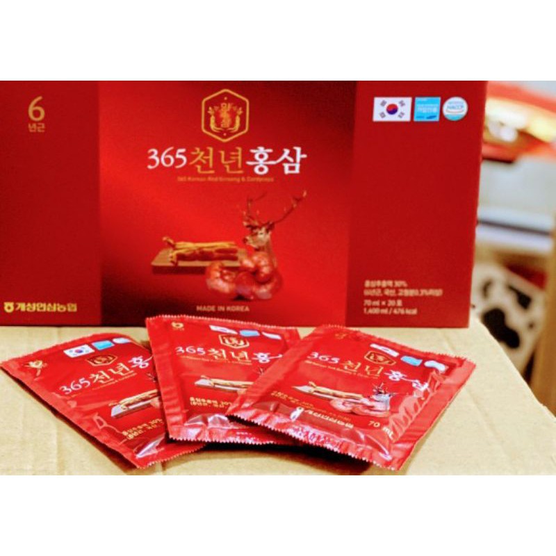 Nước Hồng Sâm Nhung Hươu Linh Chi 365 Red Ginseng &amp; Deer Antler Hàn Quốc (Hộp 20 Gói x 70 ml)
